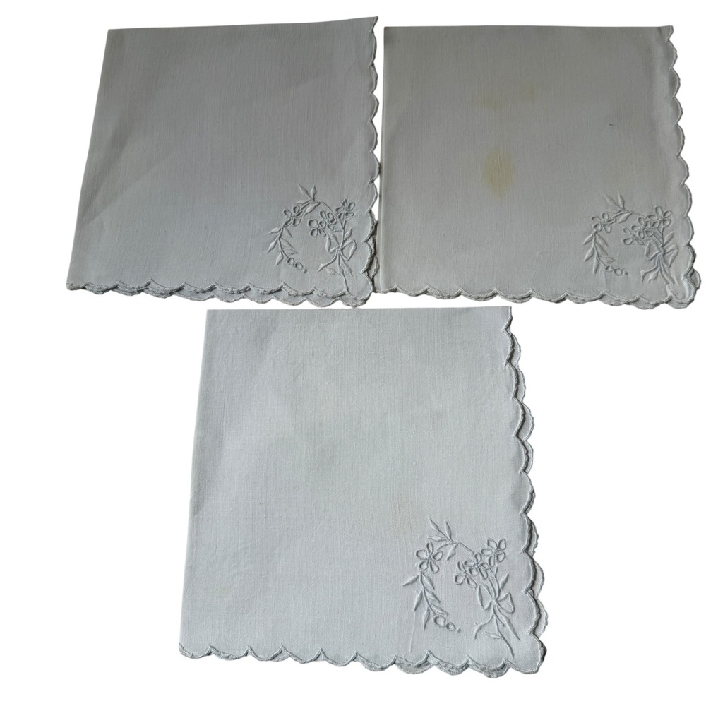 Vintage White Linen Handkerchiefs Set of 3 Embroidered Floral Scalloped Edge 12"